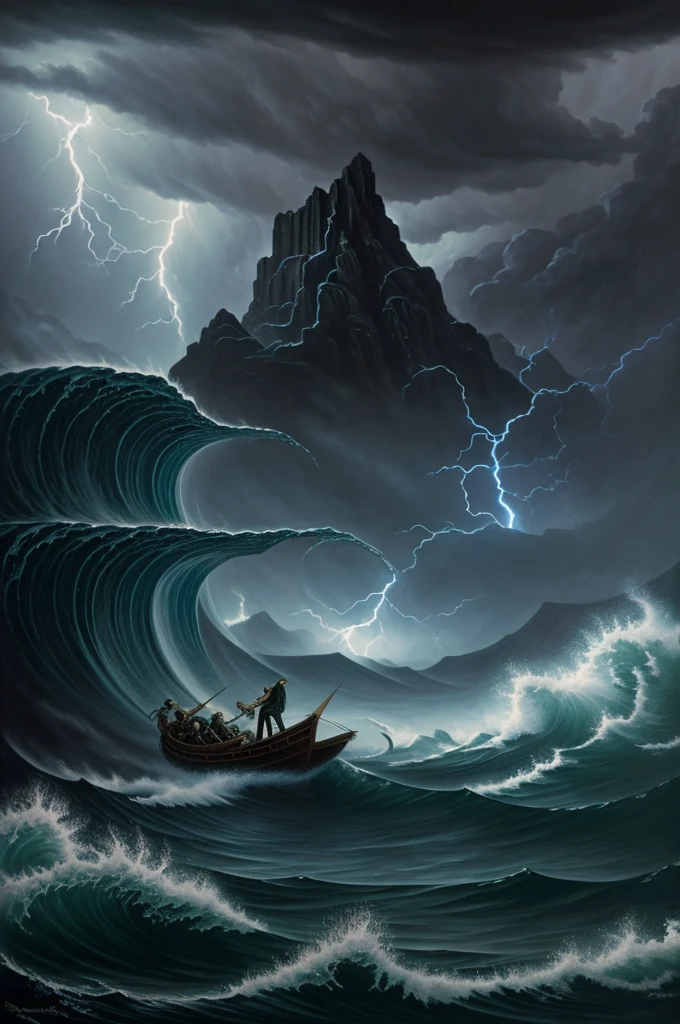 Cthulhu and nyarlthotep fighting in a stormy ocean while lightning crashes, in classical oil painting style.