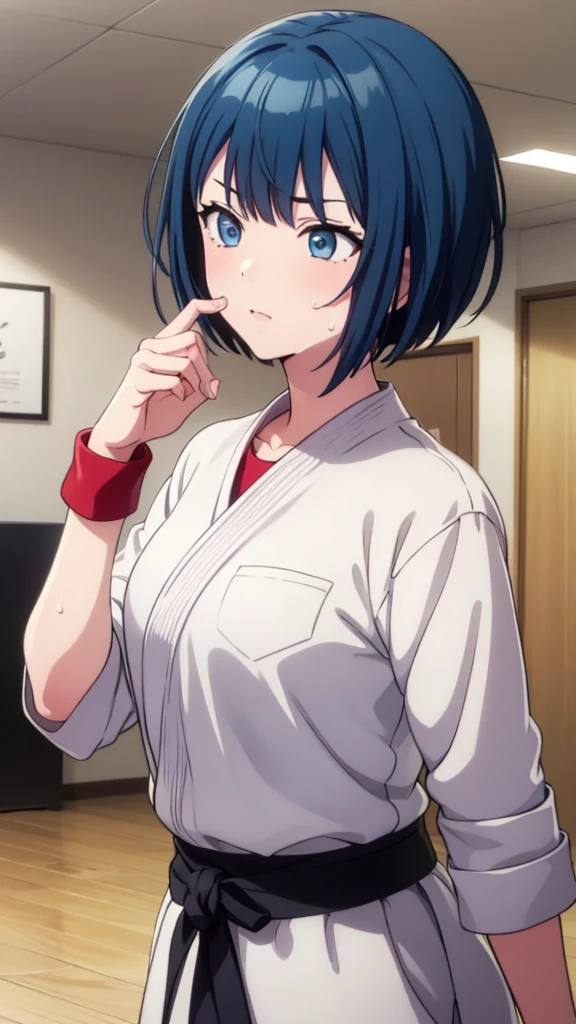 ((masterpiece, Highest quality, Very detailed, Very nice 8K CG wallpaper)), , A little thick, Medium Hair, Blue Hair, short hair, blue eyes,judo player、長袖judo着、Large bust、ロングjudoパンツ、judo、Serious expression、Inside the judo Gymnasium、、On the tatami、discovery、One Girl、Combat Stance、A tough fight、Haruka Kiritani、Bust Size C Cup、A boy holding both of her wrists、Kissed by a boy、Reddening of the face、Sweating
