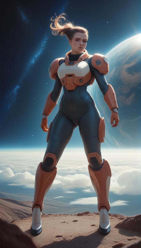 space woman standing on the edge of horizon looking at the viewer, sci fi art style of the masters,
