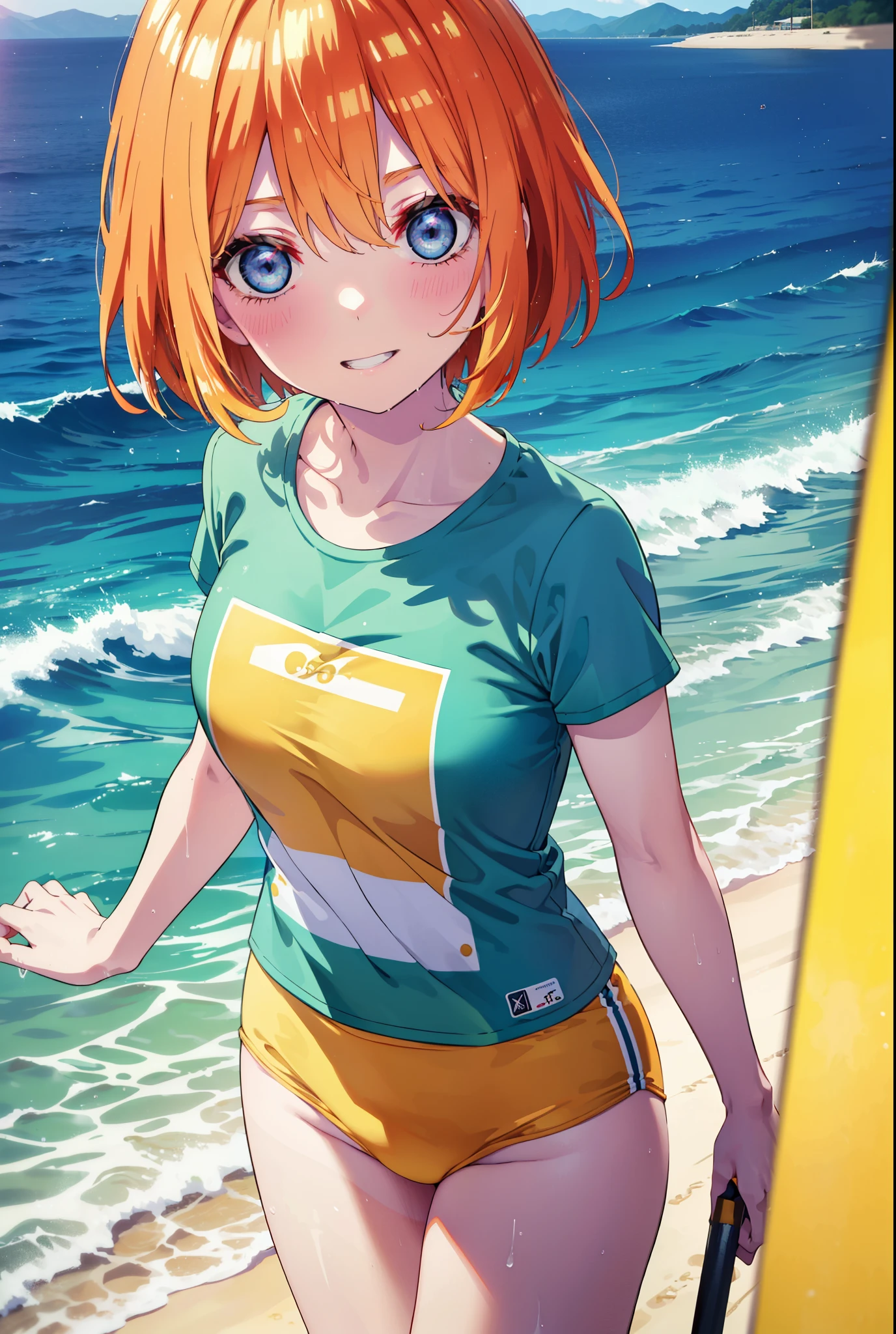 Yotsubanakano, Fourth floor Nakano, bangs, short hair, blue eyes, Hair between the eyes, Orange Hair, smile, Grin,Green T-shirt,Short sleeve,Yellow bikini swimsuit,barefoot,Wet swimsuit,Wet clothes,Wet Skin,Wet Hair,whole bodyがイラストに入るように,
break outdoors,Ocean,Beach,
break looking at viewer,whole body, (Cowboy Shot:1.5),
break (masterpiece:1.2), Highest quality, High resolution, unity 8k wallpaper, (figure:0.8), (Beautiful attention to detail:1.6), Highly detailed face, Perfect lighting, Highly detailed CG, (Perfect hands, Perfect Anatomy),