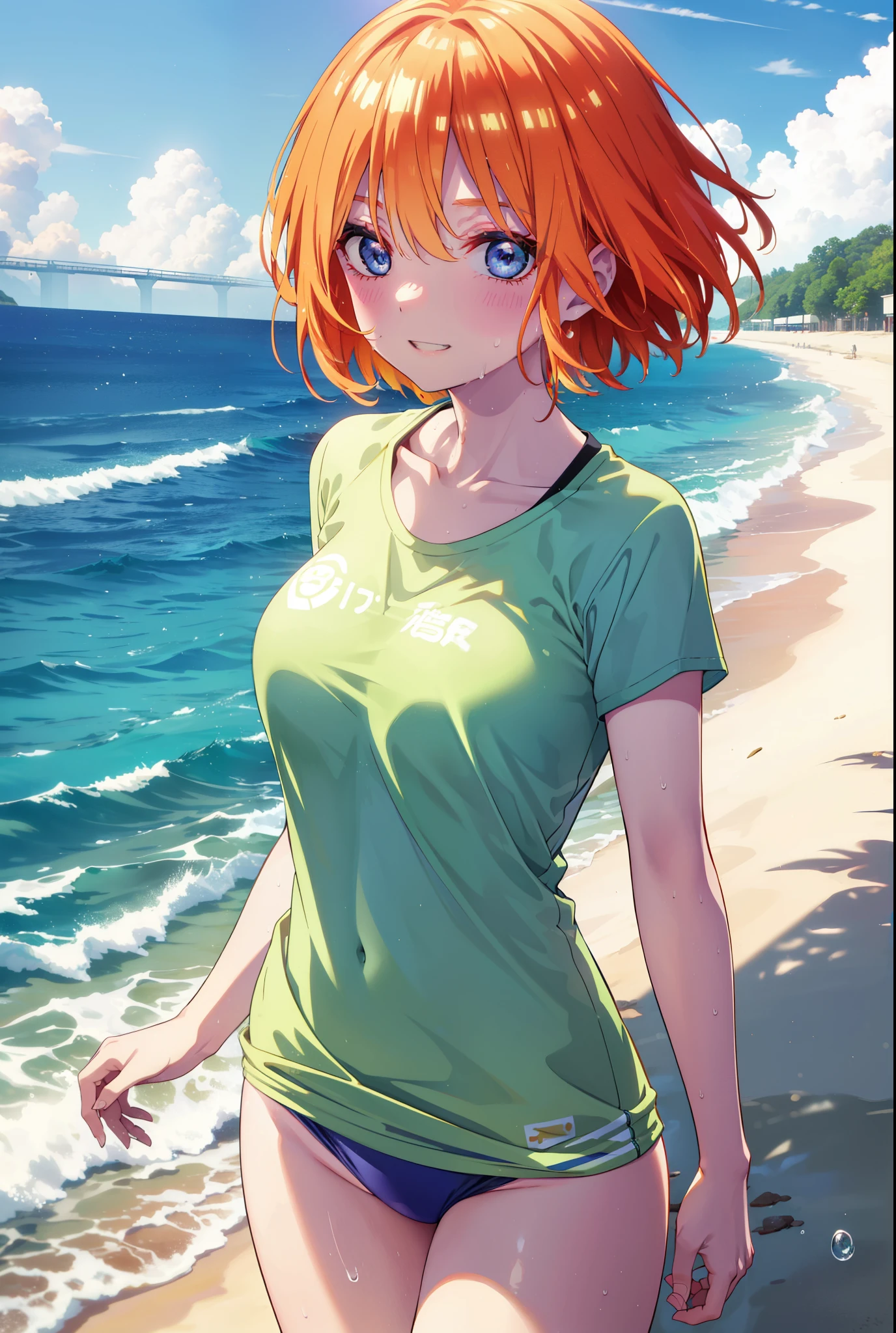 Yotsubanakano, Fourth floor Nakano, bangs, short hair, blue eyes, Hair between the eyes, Orange Hair, smile, Grin,Green T-shirt,Short sleeve,Yellow bikini swimsuit,barefoot,Wet swimsuit,Wet clothes,Wet Skin,Wet Hair,whole bodyがイラストに入るように,
break outdoors,Ocean,Beach,
break looking at viewer,whole body, (Cowboy Shot:1.5),
break (masterpiece:1.2), Highest quality, High resolution, unity 8k wallpaper, (figure:0.8), (Beautiful attention to detail:1.6), Highly detailed face, Perfect lighting, Highly detailed CG, (Perfect hands, Perfect Anatomy),