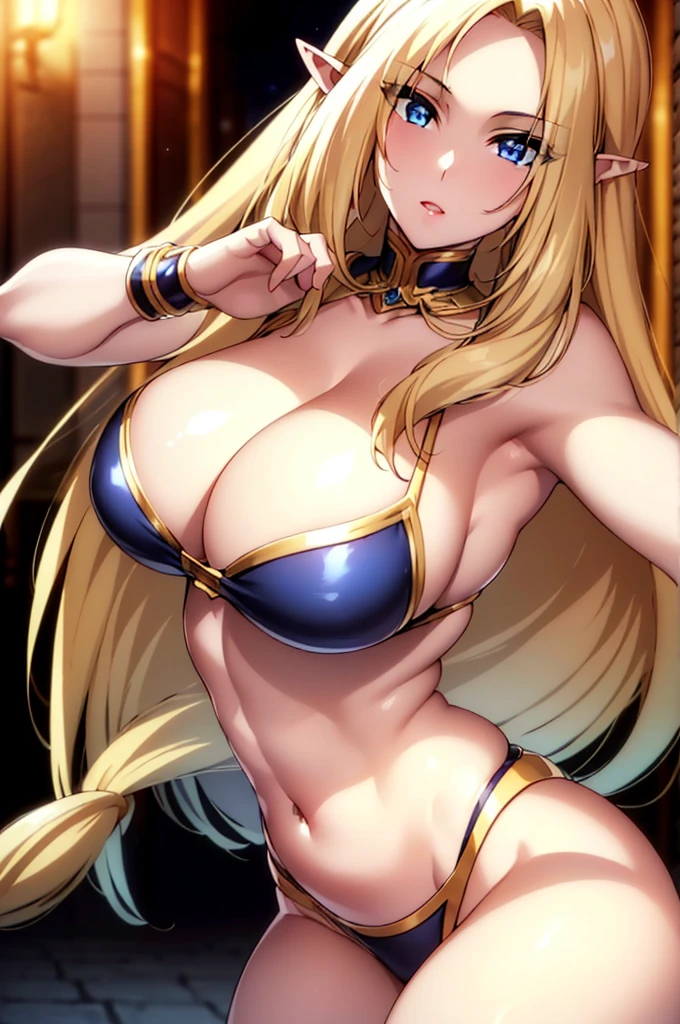 ((4k)),((masterpiece)),(best quality),((ultra detailed)), ((beautiful blurry background)), ((cinematic lighting)), depth of field, (dynamic angle),((beautiful detailed eyes), ((dynamic pose)), pretty face, large , ((cleavage)), black bikini,best quality, masterpiece, 1girl, raytracing, ultra detailed,detailed face, 8k wallpaper, (wide hips:1.2), AlphaNDV, 1girl, blonde hair, blue eyes,  very long hair, elf, pointy ears,