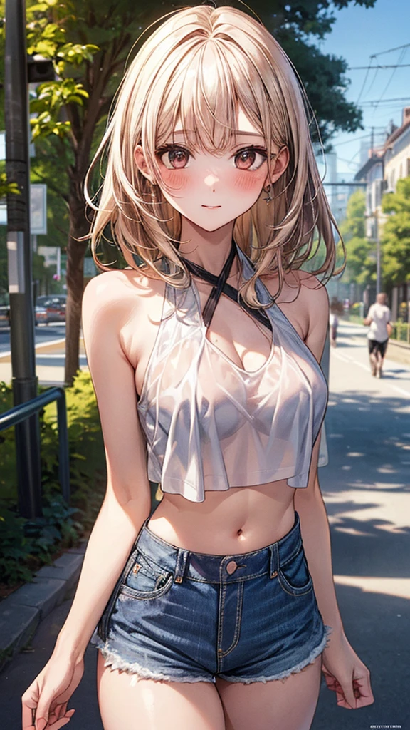 ((Highest quality, High resolution, masterpiece, detailed)),
Cowboy Shot, Written boundary depth, View your audience, Anatomically correct, woman, Perfect Face, Cute and symmetrical face, Shiny skin,
(Medium Hair, Platinum Blonde Hair), Chestnut brown eyes, (Large Breasts:0.8),
The finest details, Beautiful Hair, Beautiful Face, Beautiful body, Beautiful breasts, Beautiful belly button, Waistline, Beautiful thighs, Beautiful feet,
(See-through halter top, Denim shorts), ((Black visible panties)),
(Beautiful views), summer, Tree-lined street, (blush),