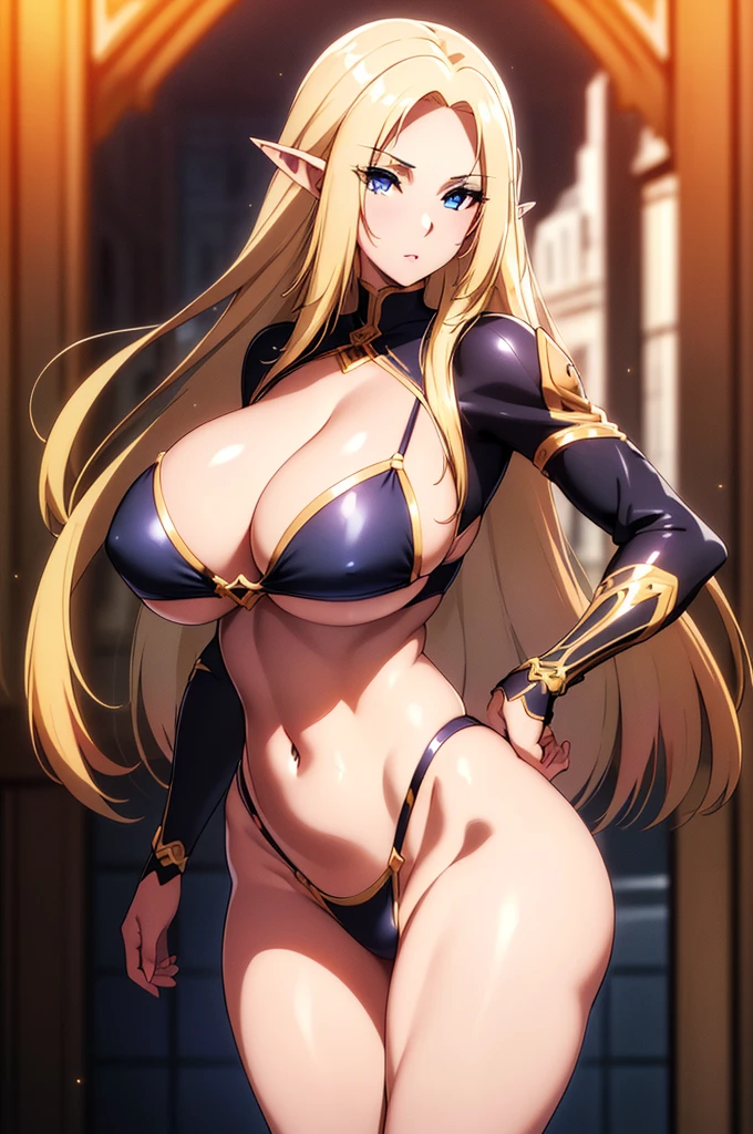 ((4k)),((masterpiece)),(best quality),((ultra detailed)), ((beautiful blurry background)), ((cinematic lighting)), depth of field, (dynamic angle),((beautiful detailed eyes), ((dynamic pose)), pretty face, large , ((cleavage)), black bikini,best quality, masterpiece, 1girl, raytracing, ultra detailed,detailed face, 8k wallpaper, (wide hips:1.2), AlphaNDV, 1girl, blonde hair, blue eyes, very long hair, elf, pointy ears, huge breasts