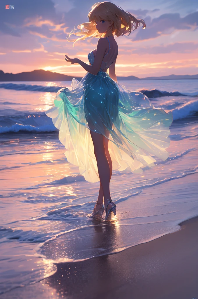 masterpiece, high quality, Movie stills, One person girl,Blonde,night,night空, Floating in the sky, Cloud Girl, cloud, (Cleavage close-up: 1.1), colorful, Transparent body,Sparkling,Full Body Lesbian,Green Skirt,Blue Skirt,Transparent clothes