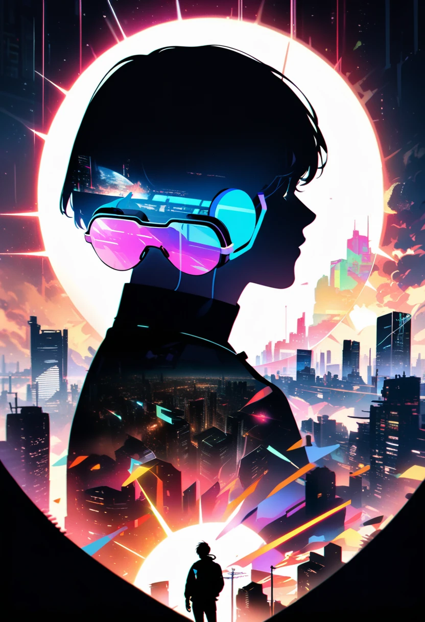 silhouette of a man in profile. short hair, (((sun glasses:1.3))), (headphones:1.3), Inside the silhouette you can see the with a deep cyberpunk, city, supernova explosion, cyberpunk night city back ground（masterpiece), ((double exposure)), proportional.,DOUBLE EXPOSURE