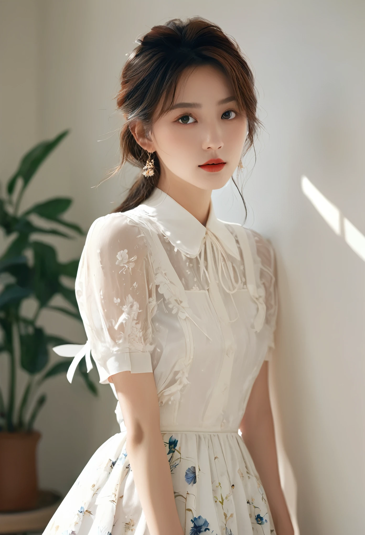 (masterpiece), (最high quality), (Very detailed), (Best Shadow), (photoRealistic:1.4), Frilled blouse, skirt, white ankle socks, (((((A long shot of a woman walking slowly))))), White floral dress, (Bright interior), (Soft Light), (Low contrast), (Shallow depth of field), (portrait of a beautiful woman illuminated by gentle light), (Very delicate and elegant depiction), (Short bangs), (Hair color is dark chestnut with a slight brown tinge), (Hair with subtle and gentle waves), (Small, intricate braids on the side of long hair), (Decorated with thin ribbons), ( White blouse with small frills), (bow tie), (青いロングskirt), (White short ankle socks), Cinema Lighting, One Girl, 16 years old, high quality, masterpiece, Very detailed, High resolution, 4K, 超High resolution, Detailed Shadows, Ultra-realistic, Dramatic lighting, One Girl, alone, Detailed face, Realistic eyes, Realistic Skin, Dynamic Hair, Dynamic pose, Dynamic Angle, White floral dress, White Background, Urzan-6500-v1.1, (RAW Photos:1.2), ( Realistic:1.4), Beautiful detailed girl, very detailed eyes and face, Beautiful attention to detail, Ridiculous, incredibly Ridiculous, Large file size, Very detailed, 