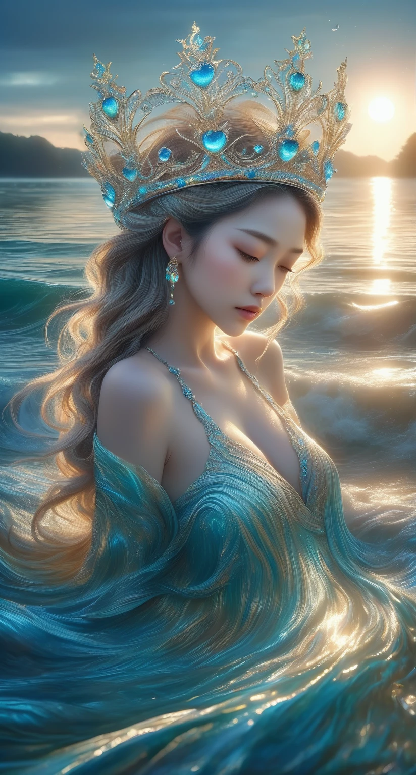 A beautiful glorious woman, silk covering breasts, transluscent crown, 8K Ultra HD, the apple crown 8K Ultra HD, ultra-realistic, In the gentle embrace of the tranquil waters, behold a mesmerizing spectacle - the ripples dancing in perfect harmony, converging into the shape of a crown, Each droplet, like a painter's brushstroke, contributes to this exquisite masterpiece of nature's artistry, The crown-shaped pattern shimmers with a mesmerizing radiance, reflecting the sun's golden hues and the azure of the sky above, As the waves gently caress the shore, the crown's form remains fleeting, yet etched forever in the memories of those fortunate enough to witness this enchanting sight, The water's embrace creates a symbol of love and serenity, reminding us of the profound beauty and magic that nature can bestow upon us, by yukisakura, highly detailed,