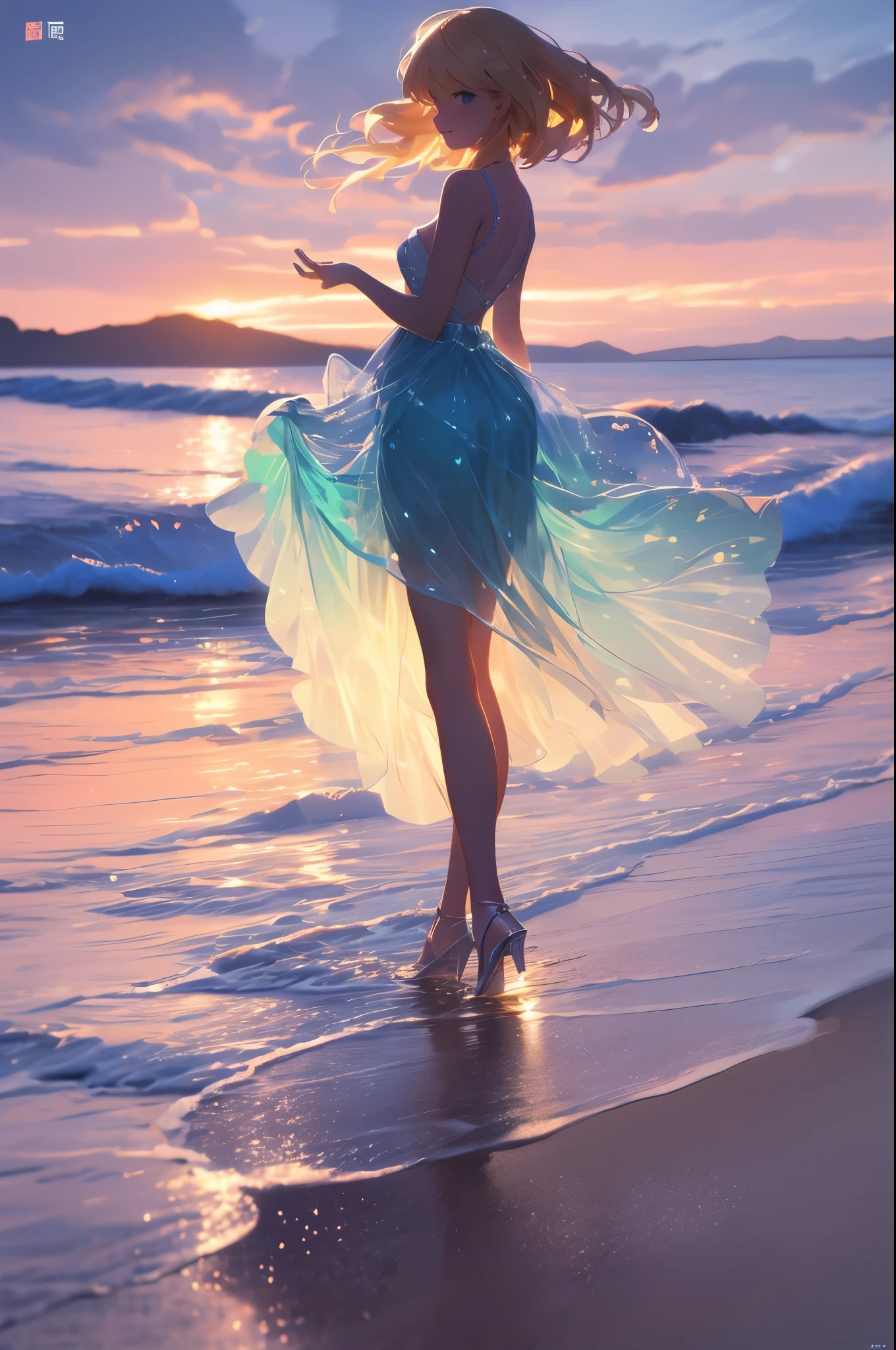 masterpiece， high quality， Movie stills， One person girl，Blonde，night，night空， Floating in the sky， Cloud Girl， cloud， （Cleavage close-up： 1.1），  colorful， Transparent body，Sparkling，Full Body Lesbian，Green Skirt，Blue Skirt，Transparent clothes