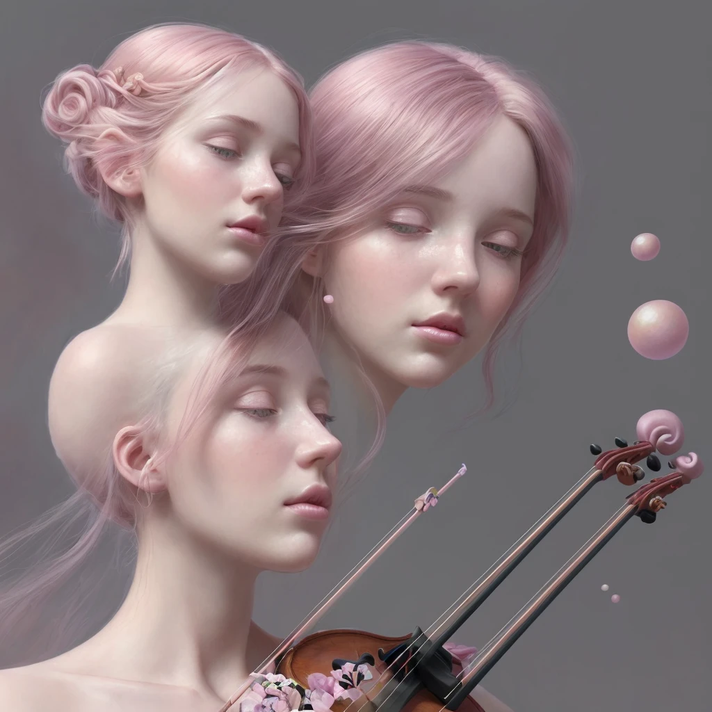 Hyper-realistic digital painting, model with oval head, large upward-tilted almond eyes, dark black violin, daughter plays violin, delicate nose, full slightly parted lips, long pastel pink hair with pink floral adornments, three-quarter profile, sideward gaze, serene enchanting aura, mythical origin, set in a fantasy realm with soft, diffused lighting, pastel palette, clean lines, limited color scheme, dreamy atmosphere, ultra-fine,