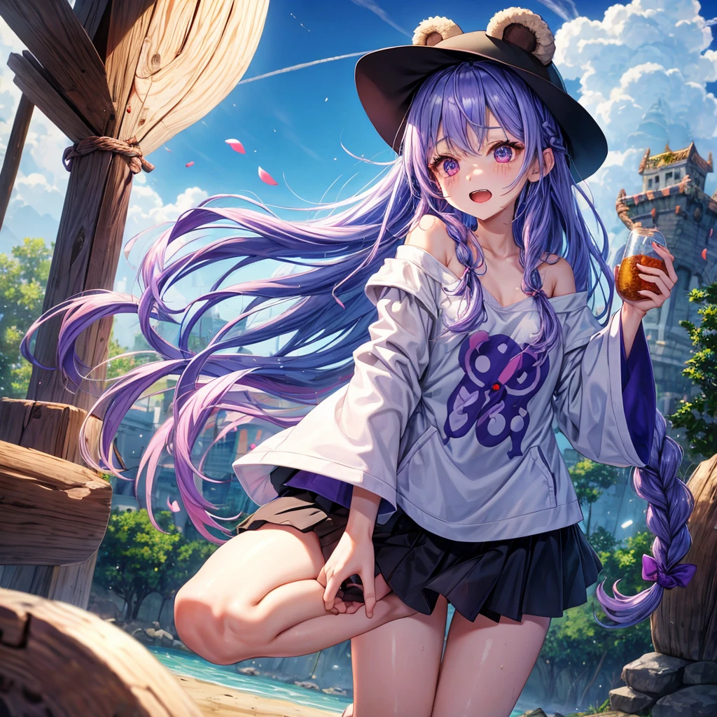 Blue-light purple hair、Red eyes、Braid、One cute girl、solo、And soul、Light clothing、Checked mini skirt、petal、Wet hair、black t-shirts、hoodie、bear ear hat、large tree、cloud、Red full moon、desert、barefoot、Stones are piled up、Teeth are visible、Secret Treasure、Fortress City、Tilting face、hourglass