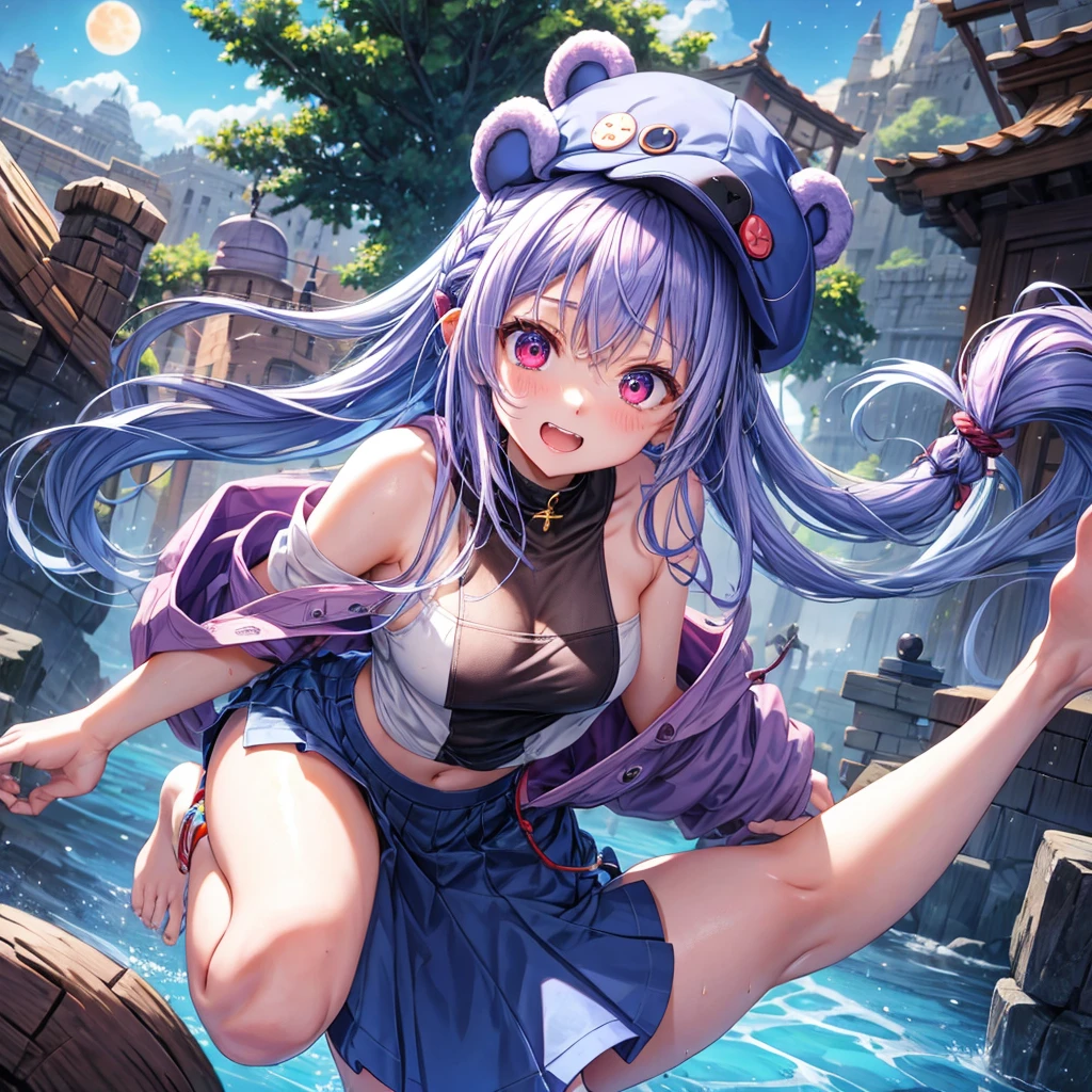 Blue-light purple hair、Red eyes、Braid、One cute girl、solo、And soul、Light clothing、Checked mini skirt、petal、Wet hair、black t-shirts、hoodie、bear ear hat、large tree、cloud、Red full moon、desert、barefoot、Stones are piled up、Teeth are visible、Secret Treasure、Fortress City、Tilting face、hourglass