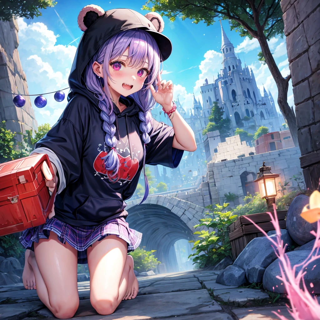 Blue-light purple hair、Red eyes、Braid、One cute girl、solo、And soul、Light clothing、Checked mini skirt、petal、Wet hair、black t-shirts、hoodie、bear ear hat、large tree、cloud、Red full moon、desert、barefoot、Stones are piled up、Teeth are visible、Secret Treasure、Fortress City、Tilting face、hourglass