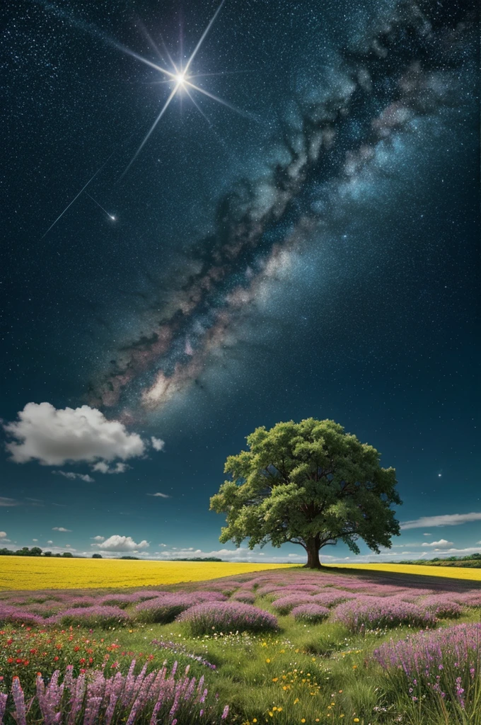 imagine prompt: Viral anime nature wallpaper in 4K quality, in the style of Pixar 3D inspired by Toy Story, showcasing a lush meadow filled with colorful wildflowers, a clear blue sky with fluffy clouds, and a single majestic tree standing in the middle; bright and cheerful color temperature, cosmos lighting with stars twinkling in the sky, no human characters, the atmosphere is whimsical and joyful --v 5 --stylize 1000