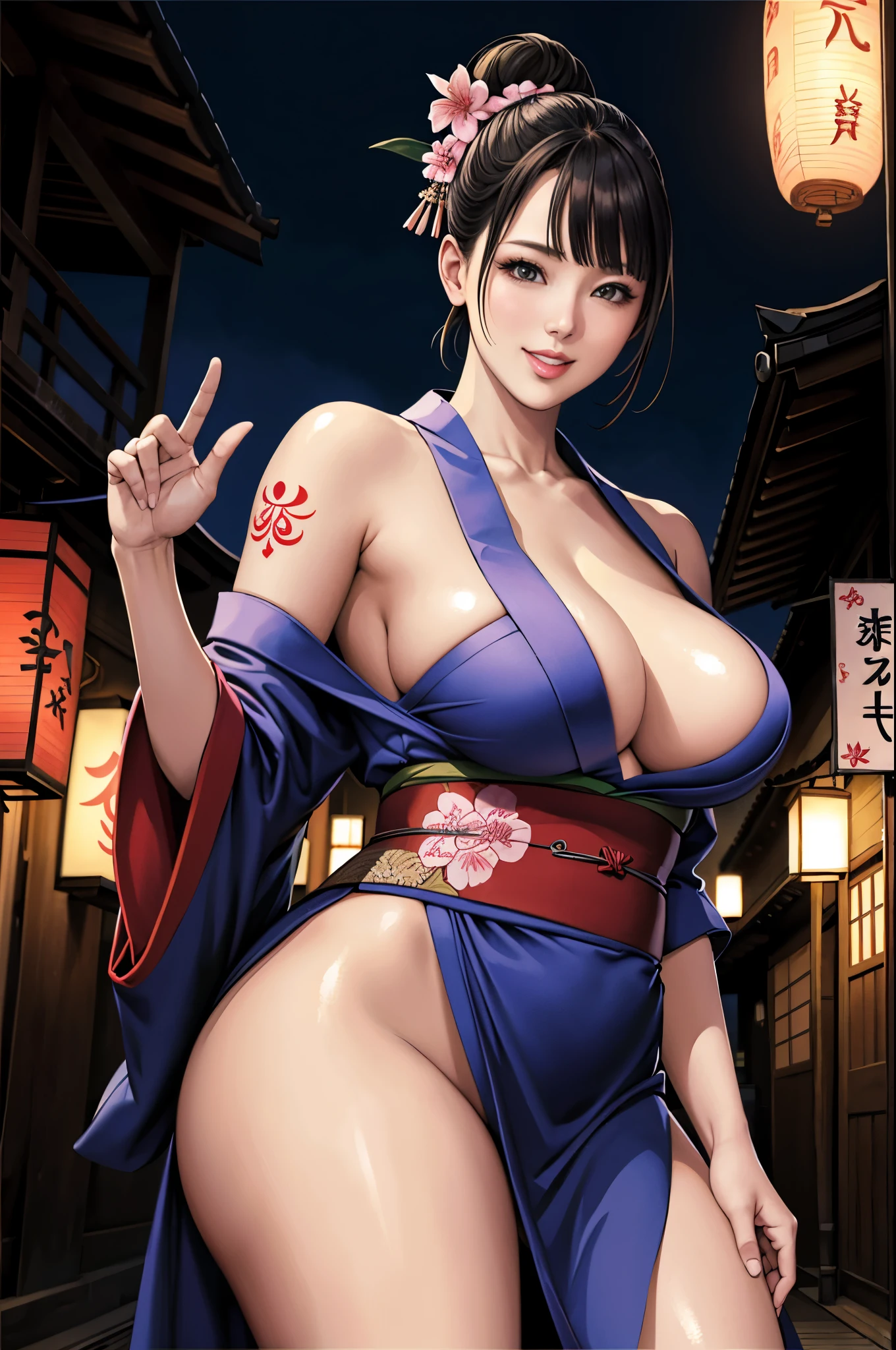 (Browsing Caution), (RAW Photos), (Realistic), (Photorealistic), Ultra-high resolution, masterpiece, Highest quality, Portraiture, facial Portraiture, Perfect lighting, Detailed lighting, Dramatic Shadows, Ray Tracing, Pure Eros Face_v1, Urzan-6500-v1.1, ((smile)), random sexy pose, cowboy shot, looking at viewer, ((wearing a sexy kimono)), ((in old Japanese street)), (((bare shoulders))), ((night)), ((background with SAKURA)), ((tattoo)),