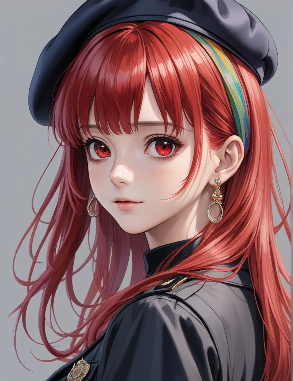 masterpiece, ultra-detailed, highly detailed, best quality, 1girl, looking at viewer, solo, red hair, multicolored hair, streaked hair, hair over shoulder, red eyes, blunt bangs, hairband, earrings, beret,