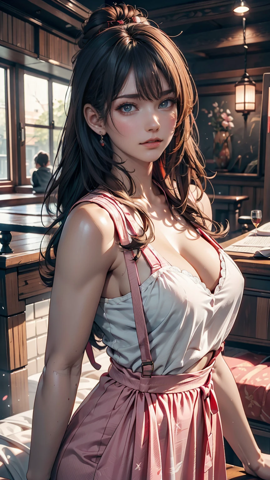 street,(Keisan:1.5), close, masterpiece, Highest quality, Original photo, Realistic, face, Big Breasts, Pink gauze slip dress, Unbelievably ridiculous, beautiful girl, cute, long hair of bright yellow color, Short suspenders, Depth of written boundary, High resolution, Hyper Detail, The finer details, Very detailed, Very detailed eyes and face, Sharp pupils, Realistic pupils, Sharp focus, Cinema Lighting