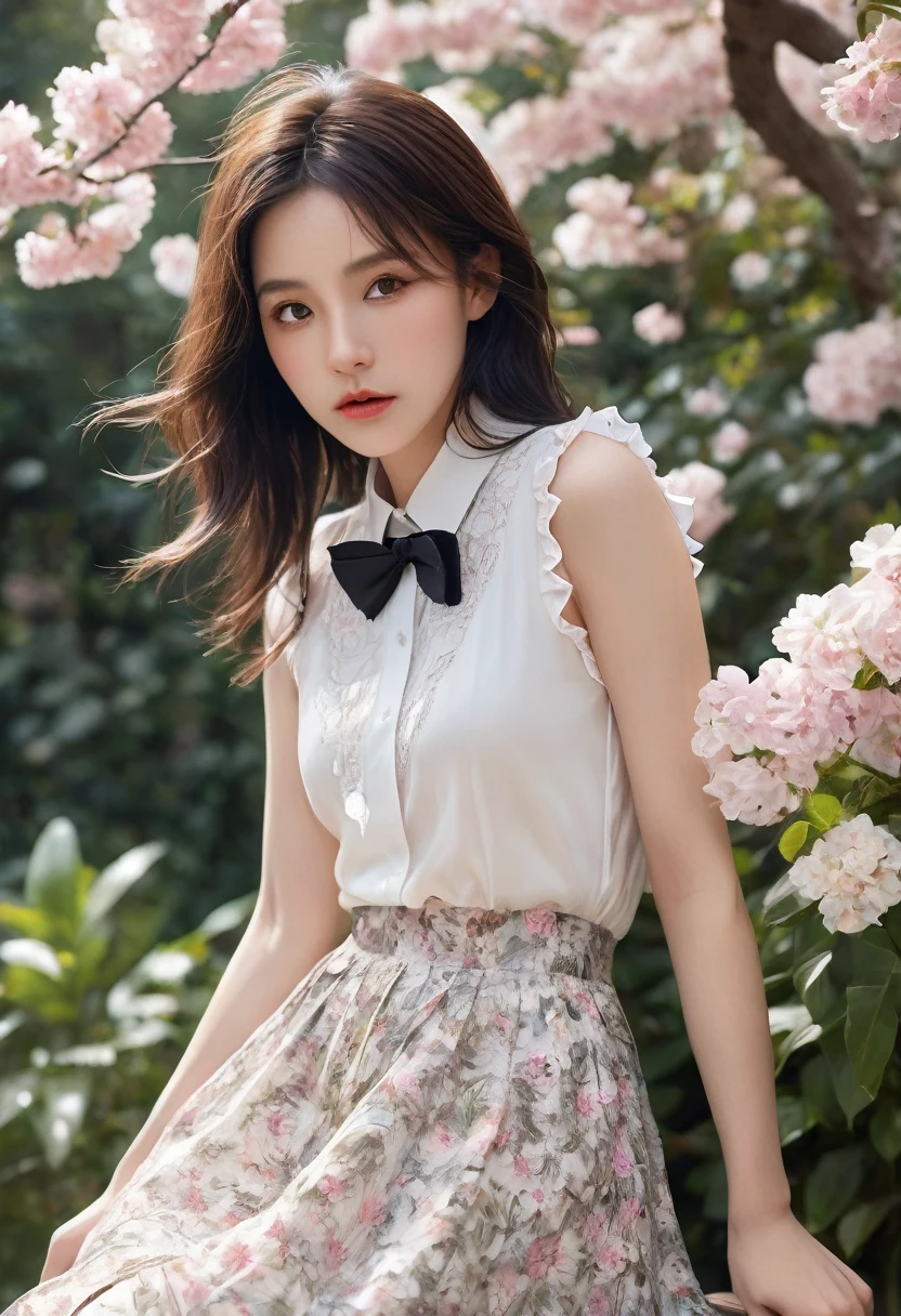 (masterpiece), (最high quality), (Very detailed), (Best Shadow), (photoRealistic:1.4), Frilled blouse, skirt, white ankle socks, (((((A long shot of a woman walking slowly))))), White floral dress, (Bright interior), (Soft Light), (Low contrast), (Shallow depth of field), (portrait of a beautiful woman illuminated by gentle light), (Very delicate and elegant depiction), (Short bangs), (Hair color is dark chestnut with a slight brown tinge), (Hair with subtle and gentle waves), (Small, intricate braids on the side of long hair), (Decorated with thin ribbons), ( White blouse with small frills), (bow tie), (青いロングskirt), (White short ankle socks), Cinema Lighting, One Girl, 16 years old, high quality, masterpiece, Very detailed, High resolution, 4K, 超High resolution, Detailed Shadows, Ultra-realistic, Dramatic lighting, One Girl, alone, Detailed face, Realistic eyes, Realistic Skin, Dynamic Hair, Dynamic pose, Dynamic Angle, White floral dress, White Background, Urzan-6500-v1.1, (RAW Photos:1.2), ( Realistic:1.4), Beautiful detailed girl, very detailed eyes and face, Beautiful attention to detail, Ridiculous, incredibly Ridiculous, Large file size, Very detailed, 