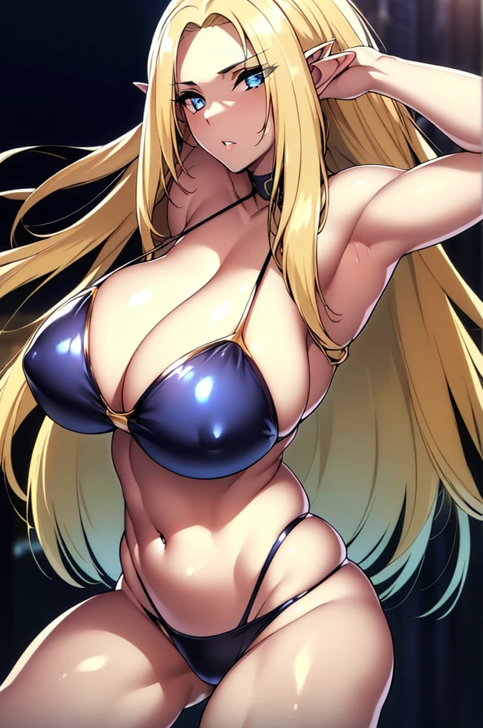 ((4k)),((masterpiece)),(best quality),((ultra detailed)), ((beautiful blurry background)), ((cinematic lighting)), depth of field, (dynamic angle),((beautiful detailed eyes), ((dynamic pose)), pretty face, large , ((cleavage)), black bikini,best quality, masterpiece, 1girl, raytracing, ultra detailed,detailed face, 8k wallpaper, (wide hips:1.2), AlphaNDV, 1girl, blonde hair, blue eyes, very long hair, elf, pointy ears, huge breasts
