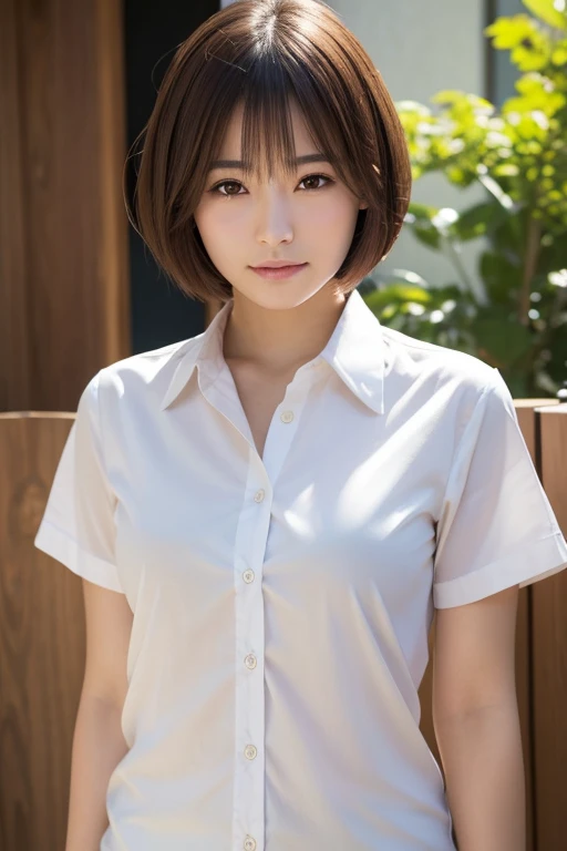 Highest quality, Face Focus, Soft Light, Ultra-high resolution, (Realistic:1.4), RAW Photos, 1 Japanese girl, alone, , (A shy smile:0.5), (Brown eyes, Light in your eyes), Beautiful face in every detail, (Small box),(High resolution detail of human skin texture), (Short Bob Hair), break, Office Lady The white shirt buttons look like they're about to pop out To make the upper body visible
