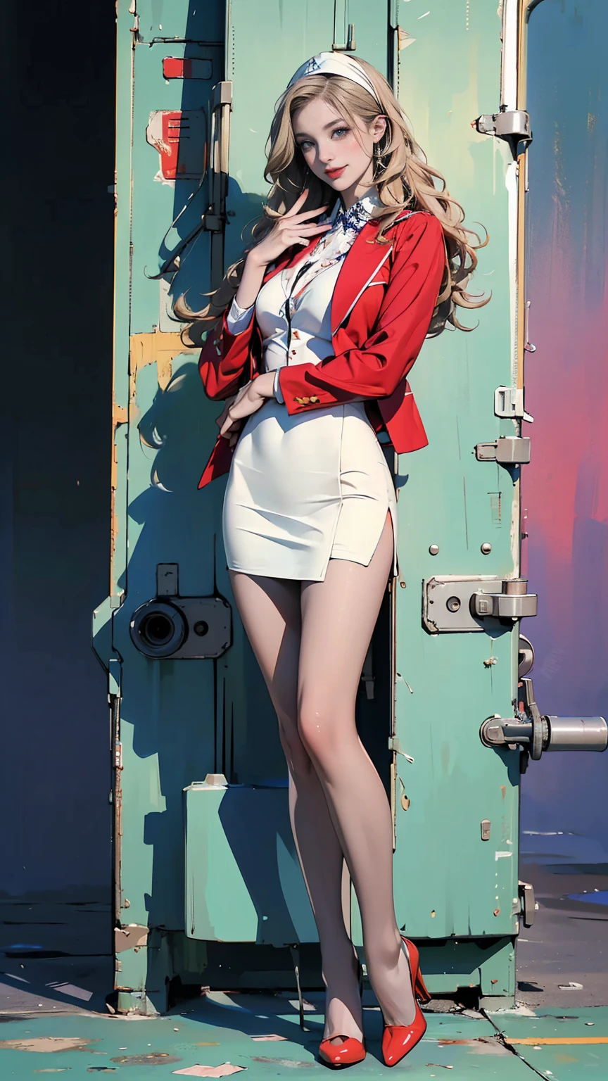 (ultra-detailed, photorealistic, best quality, 4k, 8k, highres, masterpiece:1.3), Elin Andersson, stunning flight attendant, tall and slender, long wavy golden blonde hair, loose curls, bright green eyes, captivating, friendly, provocative red velvet uniform, matching blazer jacket, short pencil skirt, black stockings, black high heels, silk scarf, side cap, friendly and approachable demeanor, radiant smile, sleek modern private jet on tarmac, elite flight attendant, sophisticated, professional appearance, elegance, luxurious environment, ((intricate detail, super finely detailed hands, ultra finely detailed fingers, full body showcase, show full body)).