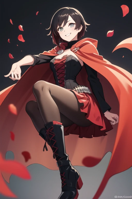 (masterpiece, best quality), 1girl, ruby_rose, cape, dress, red cape, crescent rose, boots, pantyhose, hood, smile, petals, corset