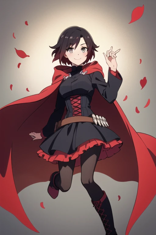(masterpiece, best quality), 1girl, ruby_rose, cape, dress, red cape, crescent rose, boots, pantyhose, hood, smile, petals, corset