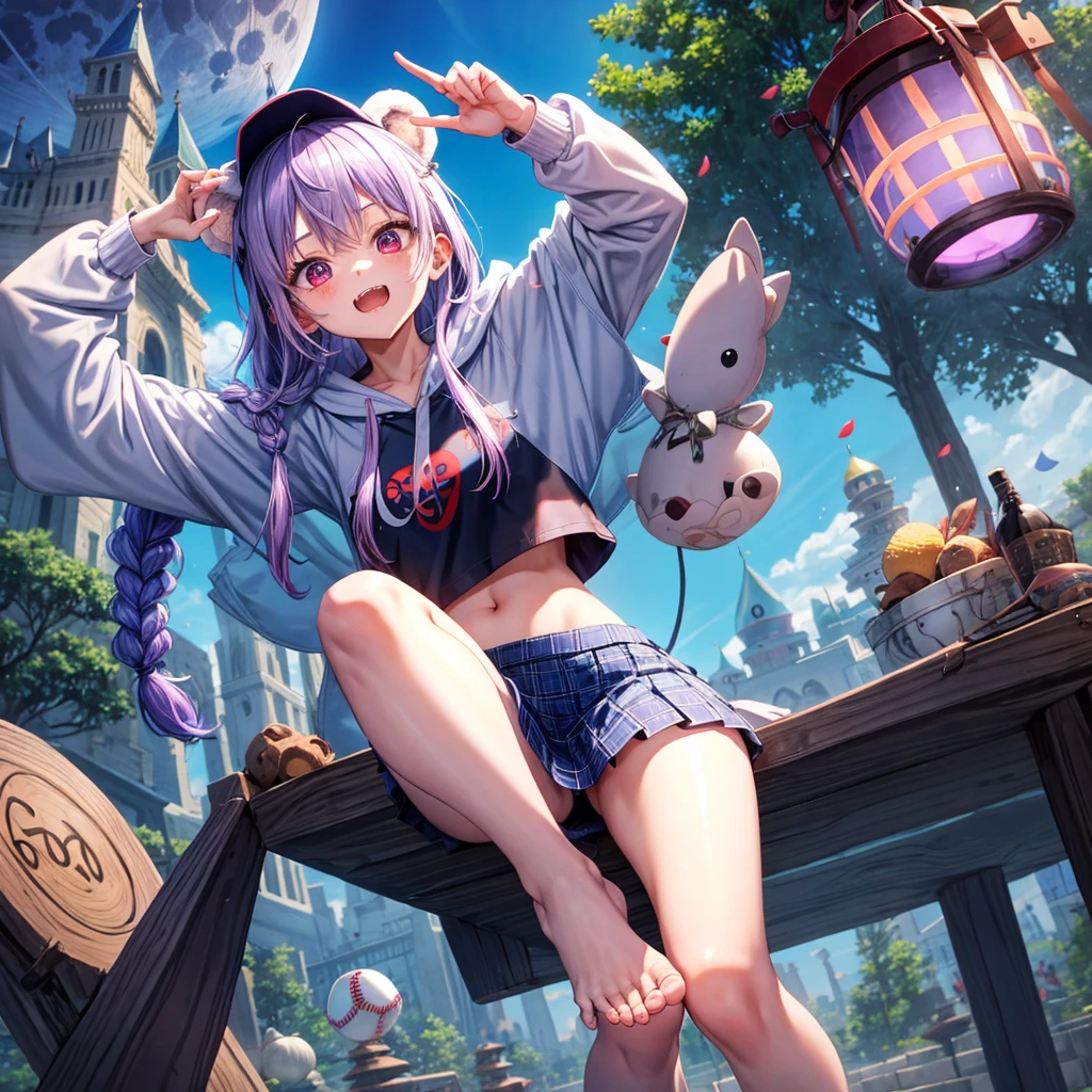 Blue-light purple hair、Red eyes、Braid、One cute girl、solo、And soul、Light clothing、Checked mini skirt、petal、Wet hair、black t-shirts、hoodie、bear ears baseball cap、large tree、cloud、Red full moon、desert、barefoot、Stones are piled up、Teeth are visible、Secret Treasure、Fortress City、Tilting face、hourglass