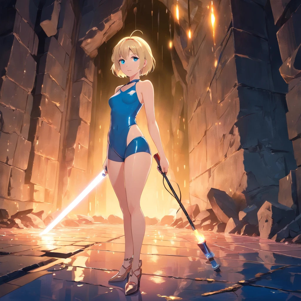17 years old Women, ((Blonde)), ((Blue eyes)), ((Short hair)), ((Full shot)), very detailed makeup, pale pink lipstick, wearing a Leather bikini with a torch in her hand, ((stilettos)), in a cavern low light ((wet floor)) ((full Body))