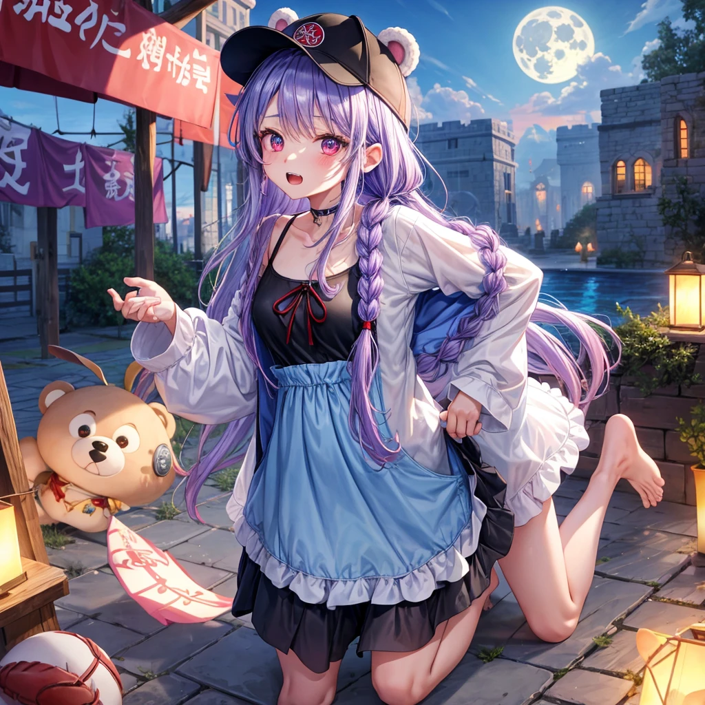 Blue-light purple hair、Red eyes、Braid、One cute girl、solo、And soul、Light clothing、Checked mini skirt、petal、Wet hair、black t-shirts、hoodie、bear ears baseball cap、large tree、cloud、Red full moon、desert、barefoot、Stones are piled up、Teeth are visible、Secret Treasure、Fortress City、Tilting face、hourglass