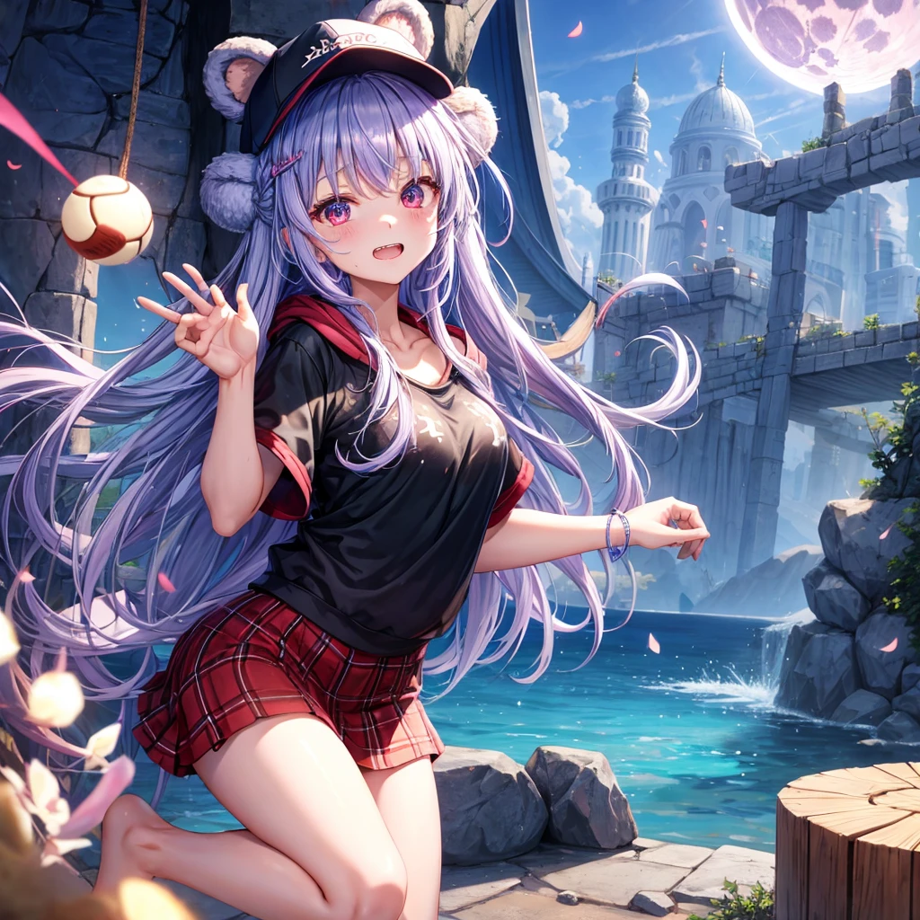 Blue-light purple hair、Red eyes、Braid、One cute girl、solo、And soul、Light clothing、Checked mini skirt、petal、Wet hair、black t-shirts、hoodie、bear ears baseball cap、large tree、cloud、Red full moon、desert、barefoot、Stones are piled up、Teeth are visible、Secret Treasure、Fortress City、Tilting face、hourglass