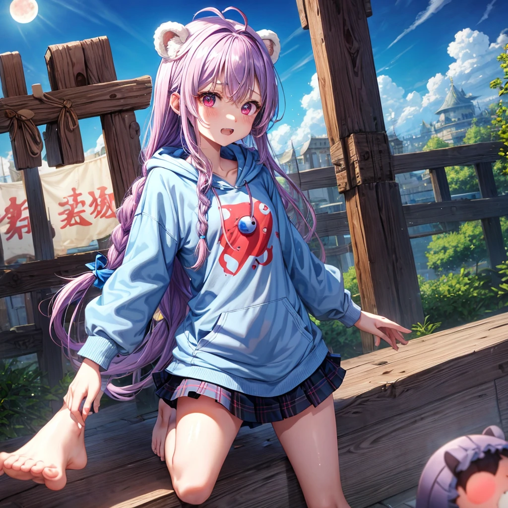 Blue-light purple hair、Red eyes、Braid、One cute girl、solo、And soul、Light clothing、Checked mini skirt、petal、Wet hair、black t-shirts、hoodie、bear ears baseball cap、large tree、cloud、Red full moon、desert、barefoot、Stones are piled up、Teeth are visible、Secret Treasure、Fortress City、Tilting face、hourglass