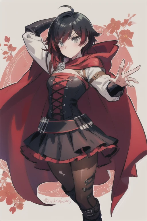 ruby_rose, cape, dress, red cape, crescent rose, boots, pantyhose, hood, petals, corset