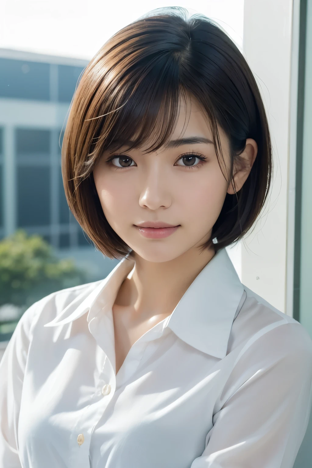 Highest quality, Face Focus, Soft Light, Ultra-high resolution, (Realistic:1.4), RAW Photos, 1 Japanese girl, alone, Sexy, (A shy smile:0.5), (Brown eyes, Light in your eyes), Beautiful face in every detail, (Small box),(High resolution detail of human skin texture), (Short Bob Hair), break, Office Lady The white shirt buttons look like they're about to pop out To make the upper body visible