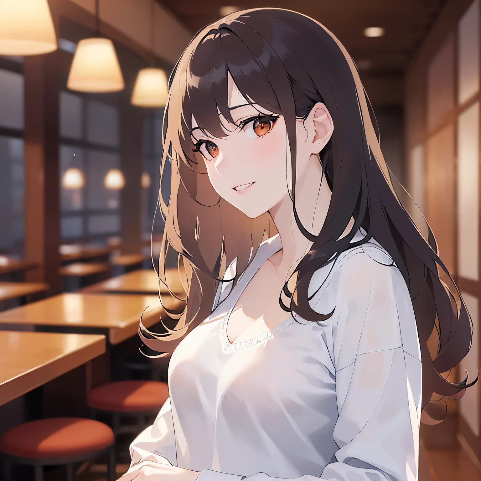(looking away:1.5),Upper Body, Side shot、
Realistic, real person, (pale skin: 1.2), RAW photo, photorealistic, shiny skin, shiny hair、
(A 25-year-old woman with medium-length hair and bangs) and (wavy hair) and (brown hair) and (orange eyes) 、
smile, Wearing a white V-neck long sleeve 、The background is the interior of a restaurant at night.