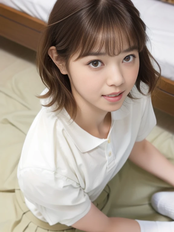 (Masterpiece, Best quality: 1.4), (Ultra realistic, Photo-realistic: 1.2), kneeling, Spread legs, Looking at viewer, Natural light, 30 years old actress, Japanese women, Neat and clean, ((Wearing white tennis uniform, White short-sleeve polo shirt with collar, Not buttoning the polo shirt, White pleated skirt: 1.2)), (Short wavy hair: 1.2), Light brown hair color, (Beautiful Face), Oval face, clear, (Beautiful eyes, Kind eyes), (Clear skin), Small face, (Small mouth, Beautiful mouth), Natural makeup, (Wearing white socks: 1.1), Approachable, Hotel Suite room,On bed, Seductive smile, Seductive pose, Beautiful thighs, Bedroom eyes, Embarrassed, blush