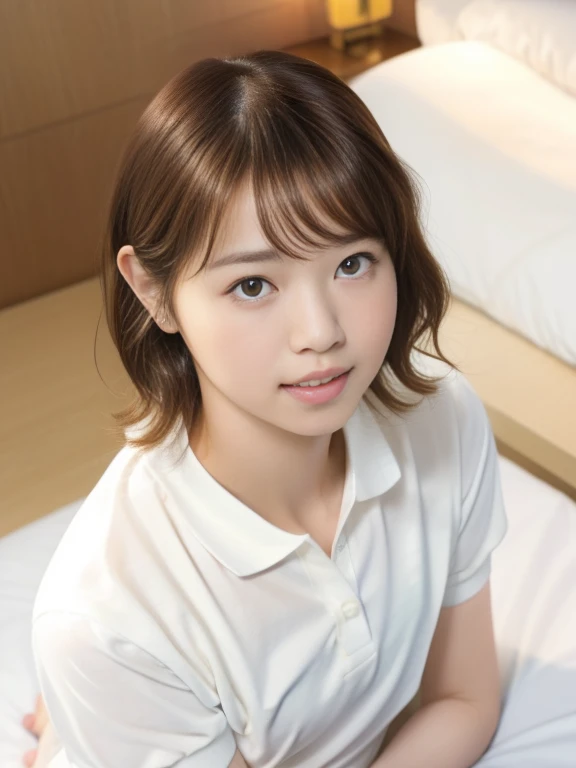 (Masterpiece, Best quality: 1.4), (Ultra realistic, Photo-realistic: 1.2), kneeling, Spread legs, Looking at viewer, Natural light, 30 years old actress, Japanese women, Neat and clean, ((Wearing white tennis uniform, White short-sleeve polo shirt with collar, Not buttoning the polo shirt, White pleated skirt: 1.2)), (Short wavy hair: 1.2), Light brown hair color, (Beautiful Face), Oval face, clear, (Beautiful eyes, Kind eyes), (Clear skin), Small face, (Small mouth, Beautiful mouth), Natural makeup, (Wearing white socks: 1.1), Approachable, Hotel Suite room,On bed, Seductive smile, Seductive pose, Beautiful thighs, Bedroom eyes, Embarrassed, blush