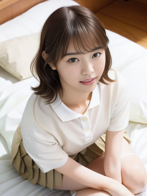 (Masterpiece, Best quality: 1.4), (Ultra realistic, Photo-realistic: 1.2), Full body, (From above: 1.4), (Lying on bed: 1.2), Spread legs, Looking at viewer, Natural light, 30 years old actress, Japanese women, Neat and clean, ((Wearing white tennis uniform, White short-sleeve polo shirt with collar, Not buttoning the polo shirt, White pleated skirt: 1.2)), (Ponytail, Short wavy hair: 1.2), Light brown hair color, (Beautiful Face), Oval face, clear, (Beautiful eyes, Kind eyes), (Clear skin), Small face, (Small mouth, Beautiful mouth), Natural makeup, (Wearing white socks: 1.1), Approachable, Hotel Suite room,On bed, Seductive smile, Seductive pose, Beautiful thighs, Bedroom eyes, Embarrassed, blush