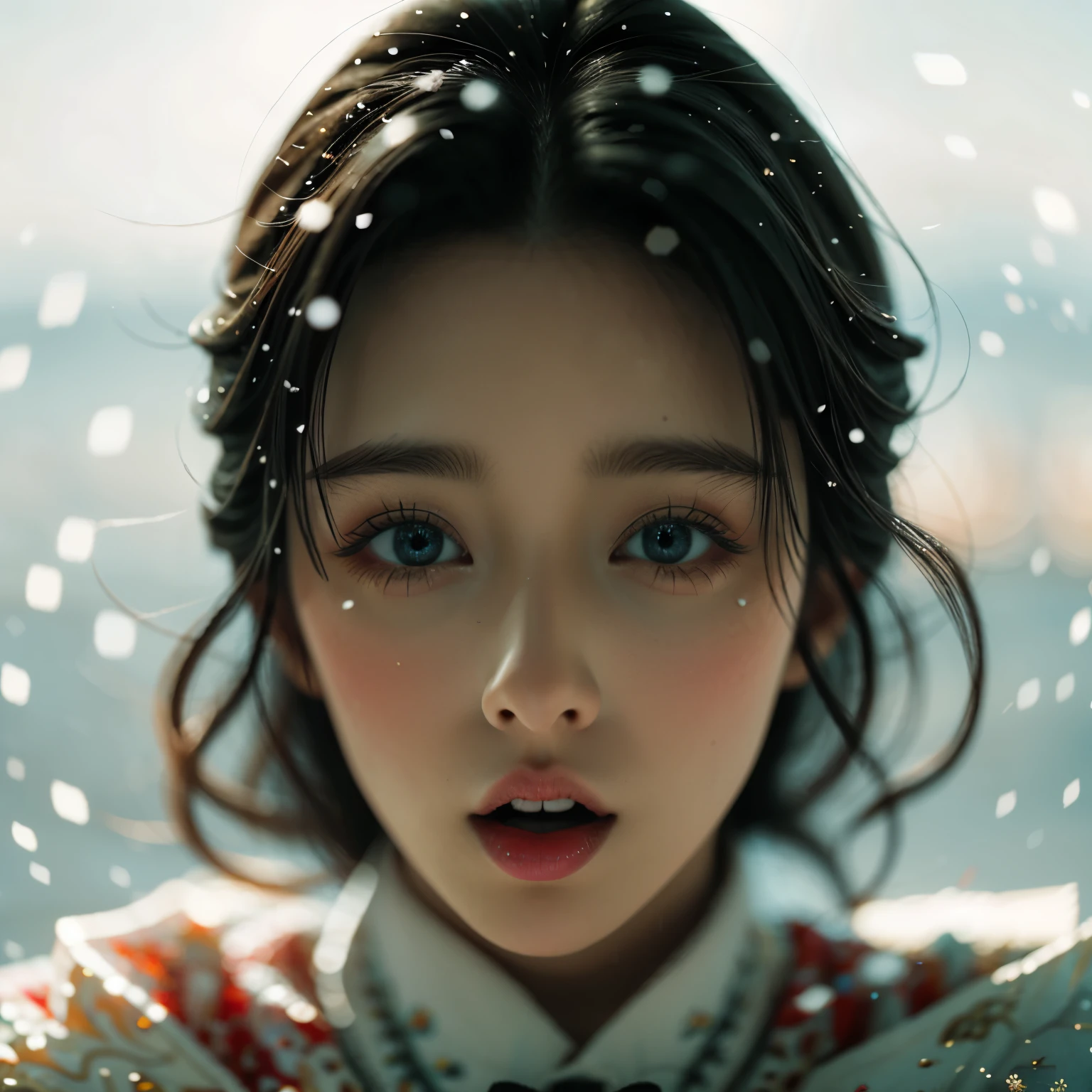 ExtremelyDetailed Kawaii girl Face (Close-up of KissableTongue)((Kissing to Camera)) glossy lips with beautiful details, Detailed Hair Flow Delicate Clothing Textures, extremely delicate and beautiful (TopQuality Masterpiece of 8K Ultra-detailed(ProfessionalPhoto:1.37)), {Amazing|finely detail|official art|incredibly absurdres} (close-up:1.22), fish eye lens (wide lens) macro lens, Detailed reflective Eyes with (sparkling highlights:1.28) Detailed(Voluminous LongEyelashes:0.88), {from Above|Visible back of throat|String of saliva drip}, (Off shoulder:1.32), (Snow on tongue:1.28) snow particles