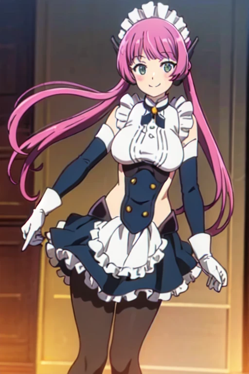 HNTSADL_ROSE, MAID, SKIRT, MAID APRON, PANTYHOSE, MAID HEADDRESS, WHITE GLOVES, ELBOW GLOVES, DETACHED SLEEVES, BLACK SLEEVES, 1girl, solo, facing viewer, looking at viewer, upper body, smile.