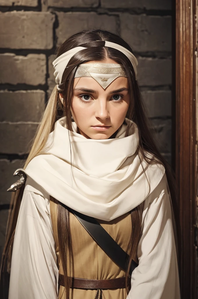 A woman with long hair, wearing a cowl and a headband on her forehead, standing in a small room, guarding and protecting the area, watching intently, with a sword on her back, detailed emotions on her face