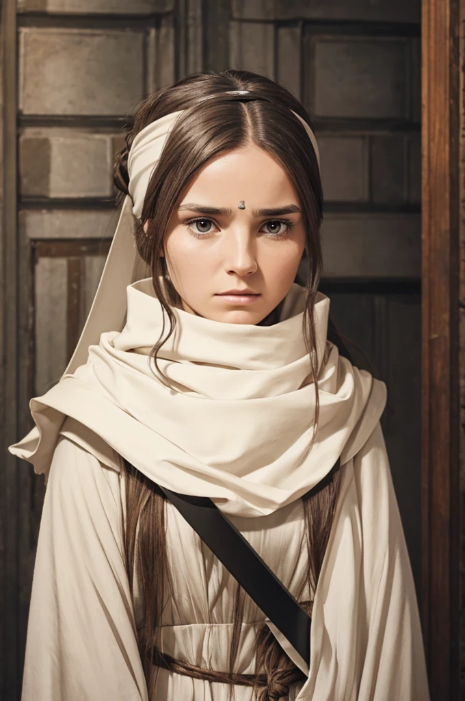 A woman with long hair, wearing a cowl and a headband on her forehead, standing in a small room, guarding and protecting the area, watching intently, with a sword on her back, detailed emotions on her face