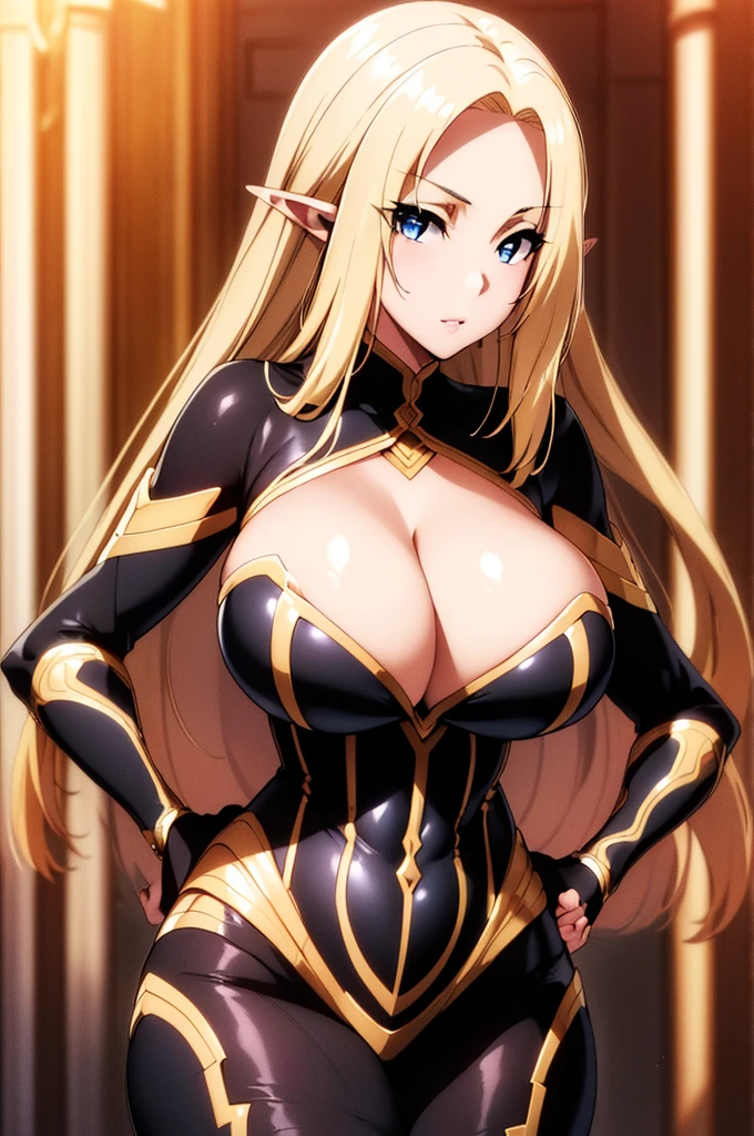 ((4k)),((masterpiece)),(best quality),((ultra detailed)), ((beautiful blurry background)), ((cinematic lighting)), depth of field, (dynamic angle),((beautiful detailed eyes), ((dynamic pose)), pretty face, large , (()), black bodysuite ,best quality, masterpiece, 1girl, raytracing, ultra detailed,detailed face, 8k wallpaper, (wide hips:1.2), AlphaNDV, 1girl, blonde hair, blue eyes,  very long hair, elf, pointy ears, huge breasts 