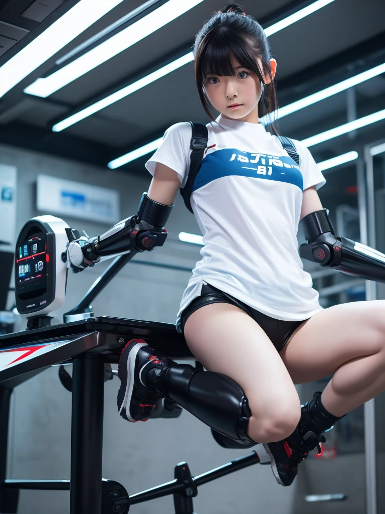 masterpiece, Japanese Android Girl,Plump , Control panel,Robotic arms and legs, Blunt bangs,Charging Spot,She recharged her energy,Slightly thicker,Japanese Cyborg Girl,Stand with your legs apart,