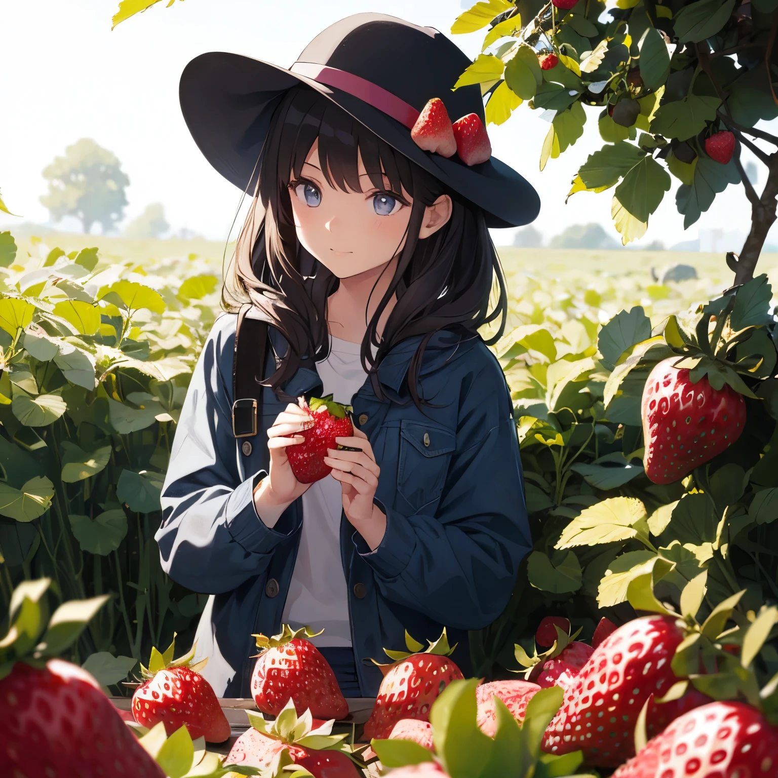 best quality, masterpiece, high resolution, ultra detailed, 1girl picking a strawberry, Strawberry Fields Forever, 