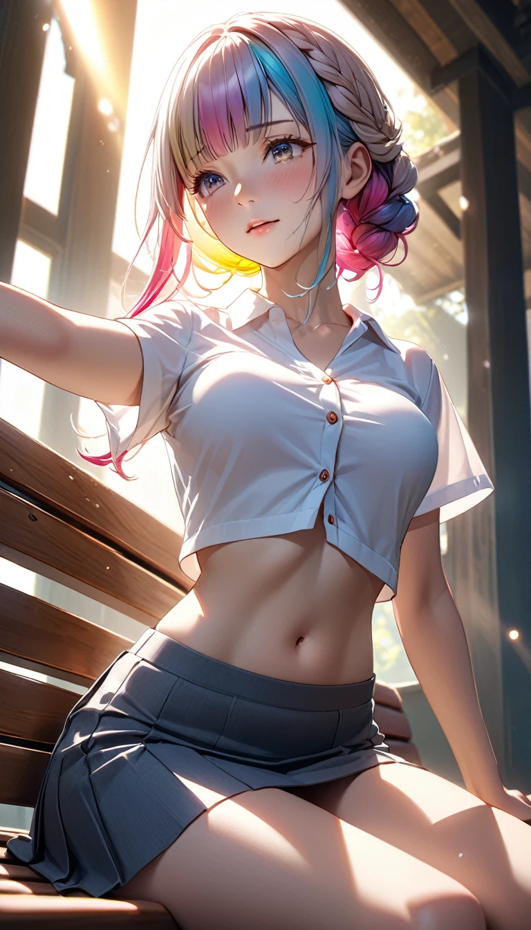 Masterpiece、最high quality、high quality、High definition、High resolution、High detail、Lens flare、Ray tracing method、high qualityの質感、high qualityの影、Beautiful details、Detailed and delicate、Detailed texture、Realistic facial expression、Realistic and colorful、Delicate、Cinematic Light、Side light、Sharp Focus、(1 woman:1.3)、(Intricate details、Makeup、Pure Eros Face_v1:0.5)、(Details Beautiful delicate face、Detailed beautiful delicate eyes、Perfect Facial Proportions、Detailed skin、Charm)、fancy hairstyles、Beautiful bangs、(Two-tone gradient hair color）、slender、(Upturned beautiful breasts)、Raise your arm and make a peace sign、Detailed crotch、Female juice、(Experiencing the best orgasm)、Light-colored V-cut、Light-colored thong、Thigh mini skirt、Low-rise mini skirt、Front-button short-sleeve shirt、Crop top、Low-angle composition、bench