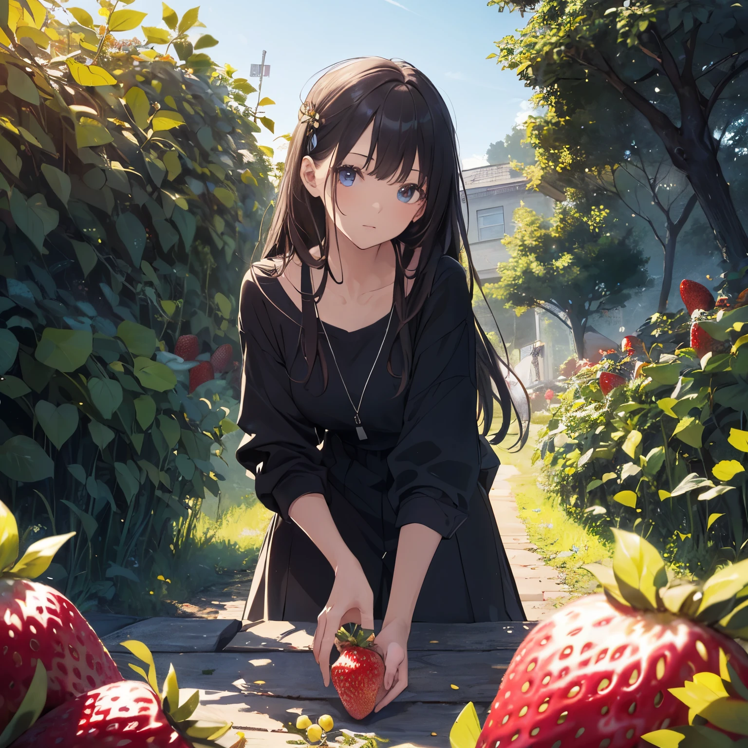 best quality, masterpiece, high resolution, ultra detailed, 1girl picking a strawberry, Strawberry Fields Forever, 