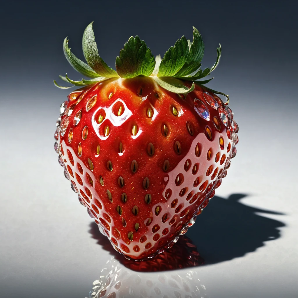 Masterpiece, ultra detailed, realistic, light, shadow, photo, A big single strawberry, crystal, vivid