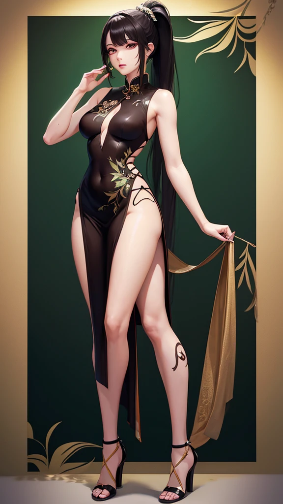 Middle distance full body, Double eyelids,Chocolate eyes,Sharp eyes, long hair, ponytail,Sexy short cheongsam sleeveless high slit,Dark green,A girl,A woman,Full body painting,Full body painting,High heel,Full body painting,Full body painting