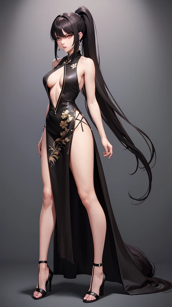 Middle distance full body, Double eyelids,Chocolate eyes,Sharp eyes, long hair, ponytail,Sexy short cheongsam sleeveless high slit,Dark green,A girl,A woman,Full body painting,Full body painting,High heel,Full body painting,Full body painting